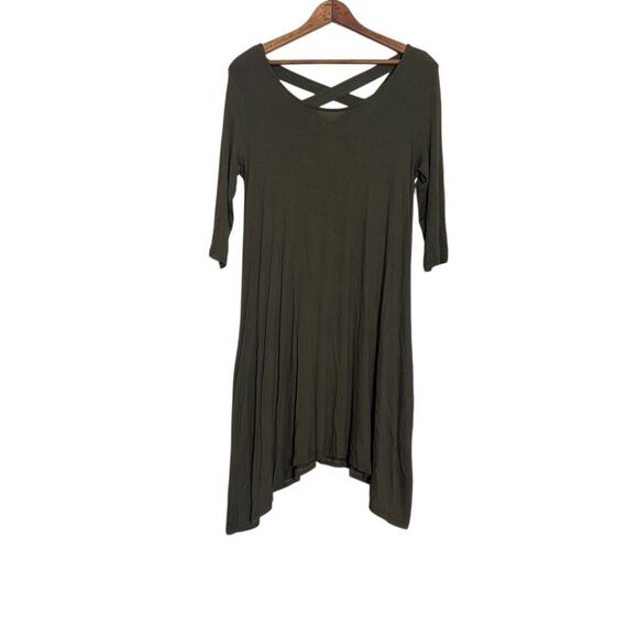 Rags & Couture Cross Back Asymmetrical Swing Tunic Dress Olive Green Size Small - Picture 2 of 8